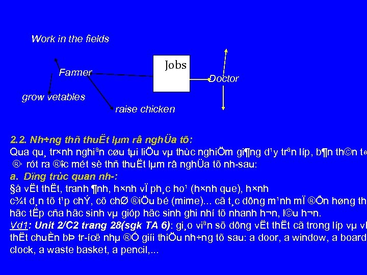 Work in the fields Farmer Jobs Doctor grow vetables raise chicken 2. 2. Nh÷ng