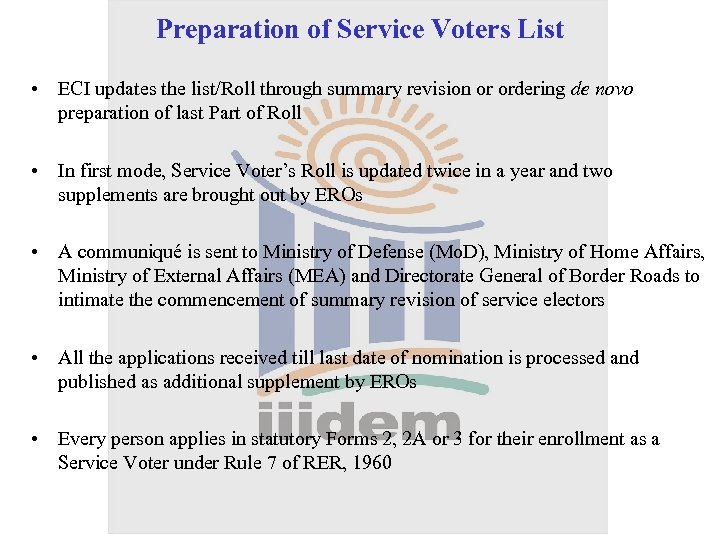 Preparation of Service Voters List • ECI updates the list/Roll through summary revision or