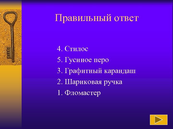 Правильный ответ 4. Стилос 5. Гусиное перо 3. Графитный карандаш 2. Шариковая ручка 1.