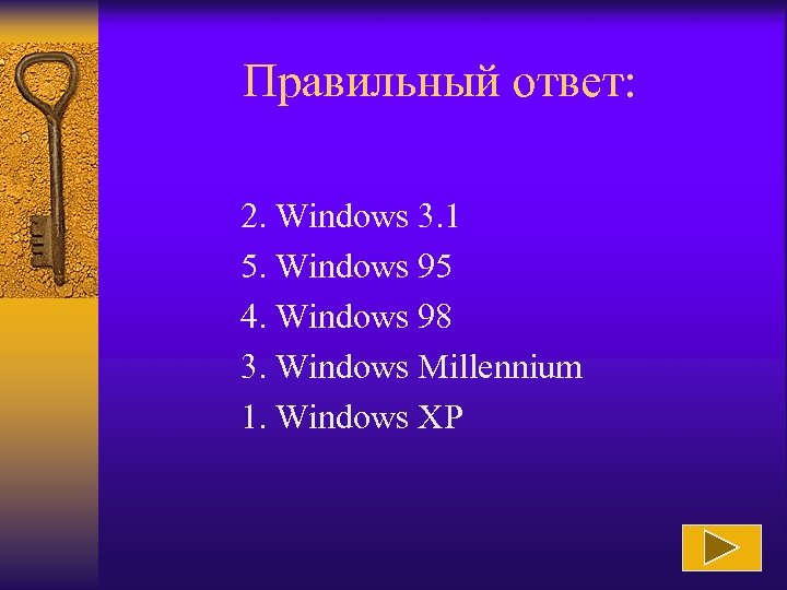 Правильный ответ: 2. Windows 3. 1 5. Windows 95 4. Windows 98 3. Windows