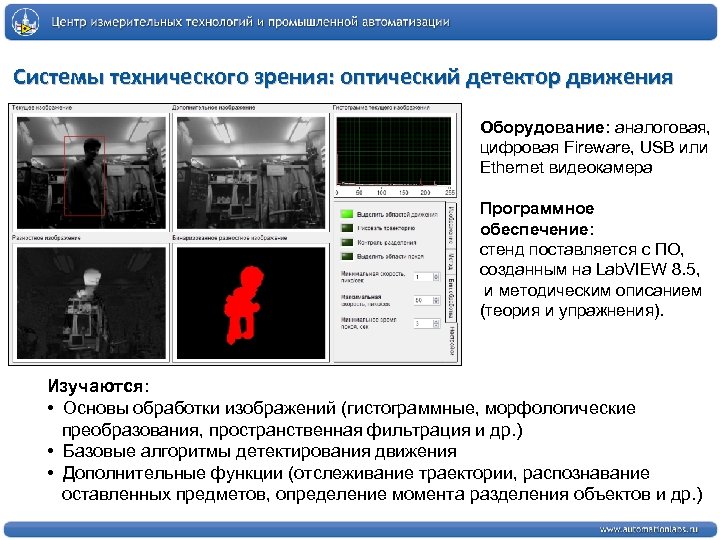 Системы технического зрения: оптический детектор движения Оборудование: аналоговая, цифровая Fireware, USB или Ethernet видеокамера