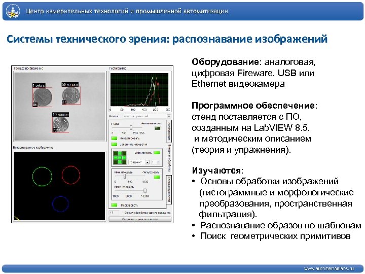 Системы технического зрения: распознавание изображений Оборудование: аналоговая, цифровая Fireware, USB или Ethernet видеокамера Программное