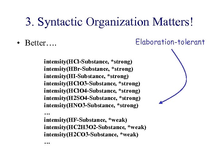 3. Syntactic Organization Matters! • Better…. Elaboration-tolerant intensity(HCl-Substance, *strong) intensity(HBr-Substance, *strong) intensity(HI-Substance, *strong) intensity(HCl.