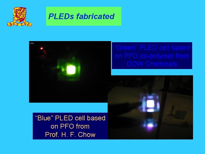 PLEDs fabricated “Green” PLED cell based on PFO co-polymer from DOW Chemicals “Blue” PLED