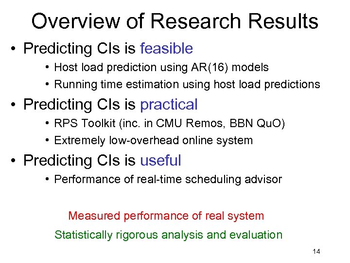 Overview of Research Results • Predicting CIs is feasible • Host load prediction using