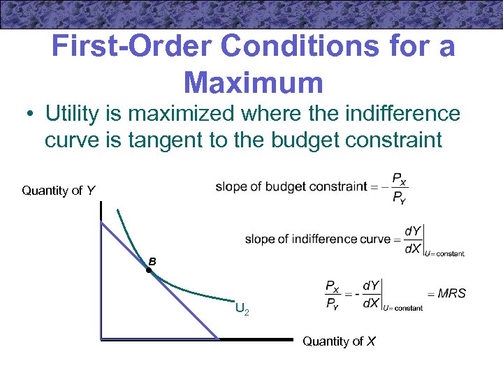First-Order Conditions for a Maximum • Utility is maximized where the indifference curve is