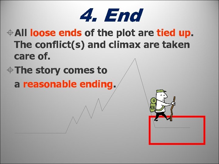 4. End All loose ends of the plot are tied up. The conflict(s) and