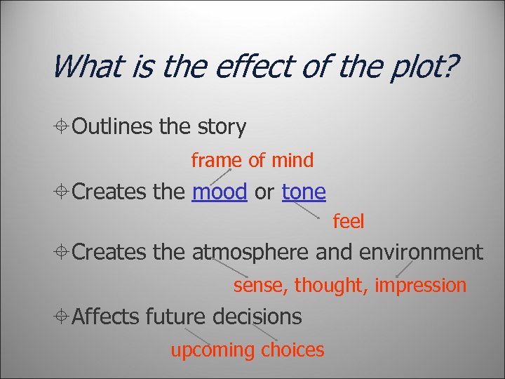 What is the effect of the plot? Outlines the story frame of mind Creates