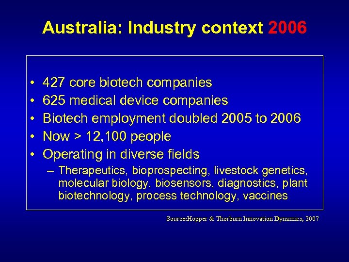 Australia: Industry context 2006 • • • 427 core biotech companies 625 medical device