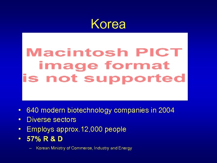 Korea • • 640 modern biotechnology companies in 2004 Diverse sectors Employs approx. 12,