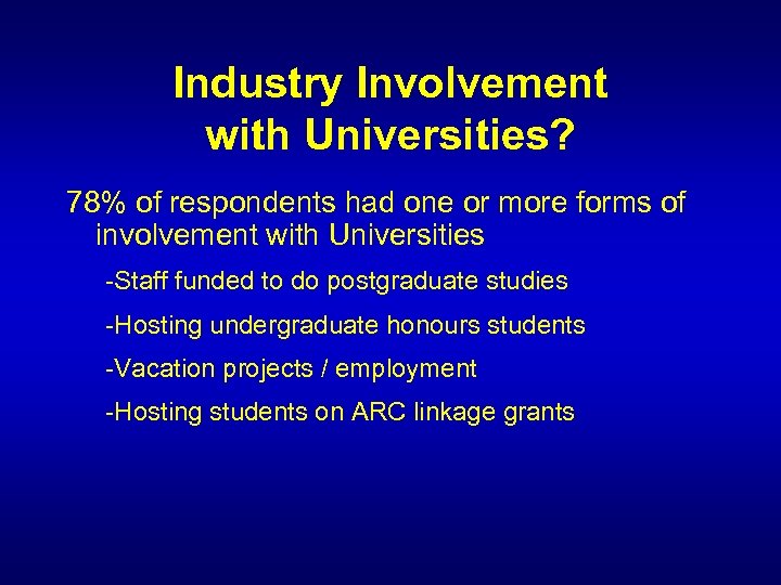 Industry Involvement with Universities? 78% of respondents had one or more forms of involvement