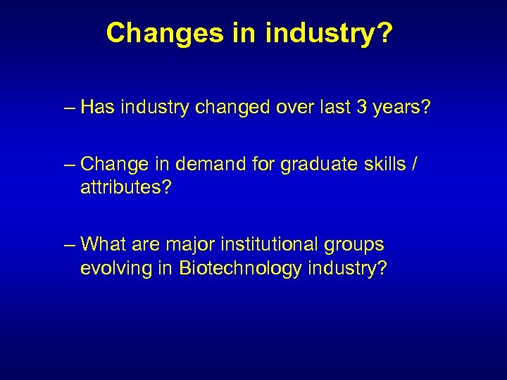Changes in industry? – Has industry changed over last 3 years? – Change in
