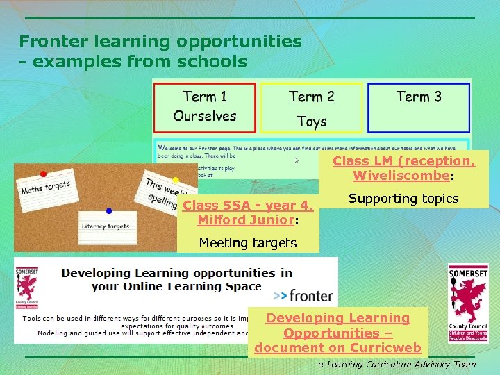 Fronter learning opportunities - examples from schools Class LM (reception, Wiveliscombe: Class 5 SA