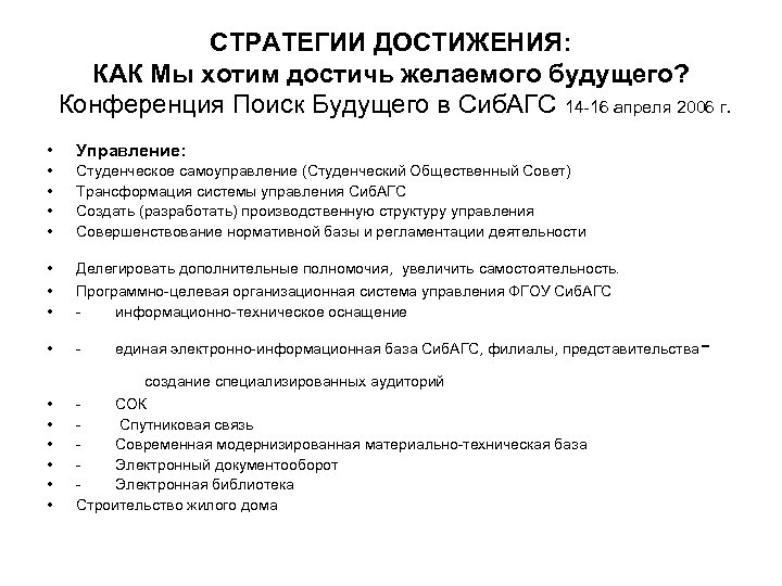 СТРАТЕГИИ ДОСТИЖЕНИЯ: КАК Мы хотим достичь желаемого будущего? Конференция Поиск Будущего в Сиб. АГС