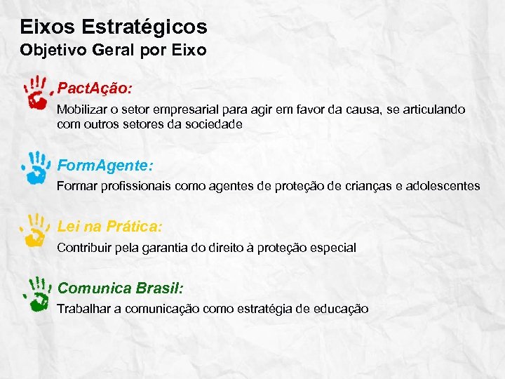 Eixos Estratégicos Objetivo Geral por Eixo Pact. Ação: Mobilizar o setor empresarial para agir