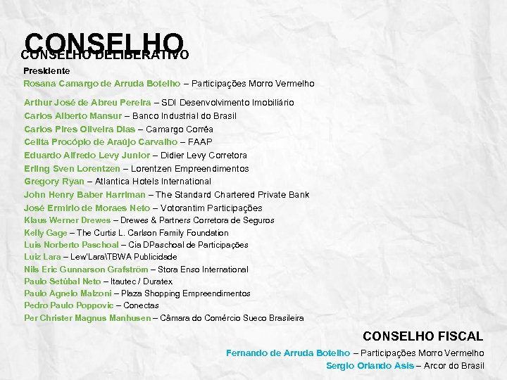 CONSELHO DELIBERATIVO Presidente Rosana Camargo de Arruda Botelho – Participações Morro Vermelho Arthur José