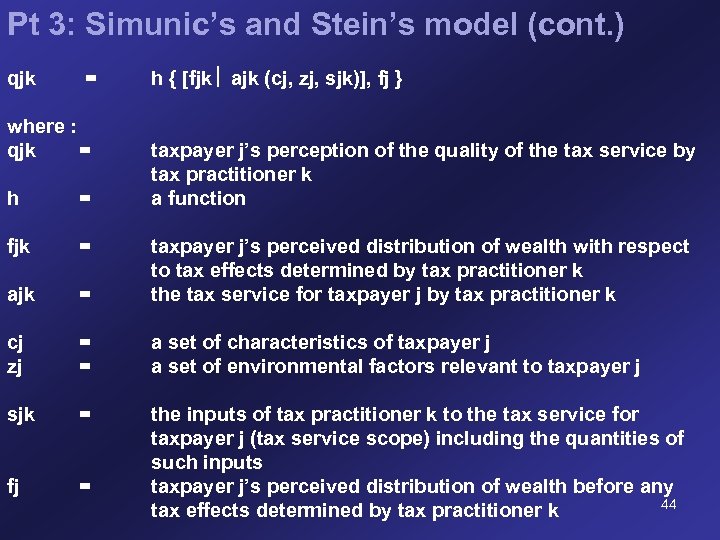 Pt 3: Simunic’s and Stein’s model (cont. ) qjk = where : qjk =