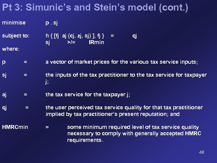 Pt 3: Simunic’s and Stein’s model (cont. ) minimise p. sj subject to: h