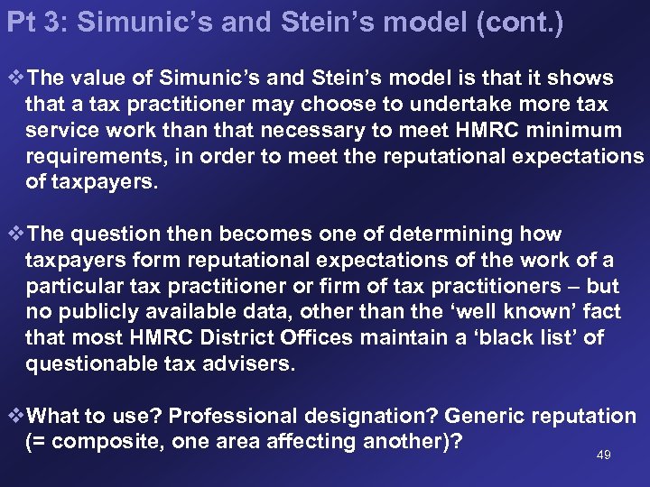 Pt 3: Simunic’s and Stein’s model (cont. ) v. The value of Simunic’s and