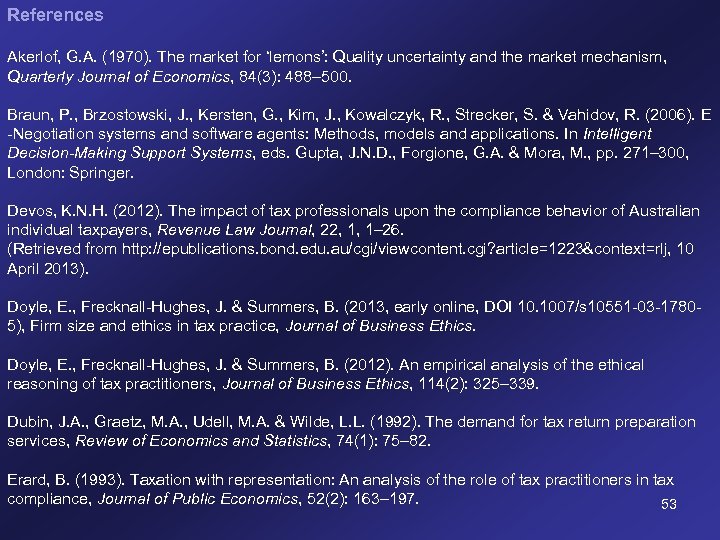 References Akerlof, G. A. (1970). The market for ‘lemons’: Quality uncertainty and the market