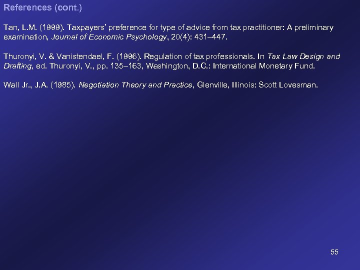 References (cont. ) Tan, L. M. (1999). Taxpayers’ preference for type of advice from