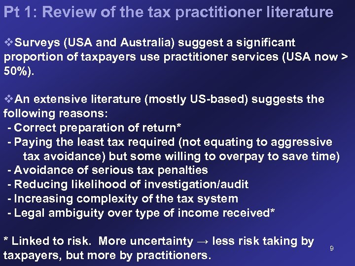 Pt 1: Review of the tax practitioner literature v. Surveys (USA and Australia) suggest