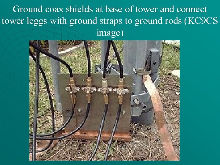 Ground coax shields at base of tower and connect tower leggs with ground straps