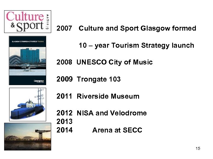 2007 Culture and Sport Glasgow formed 10 – year Tourism Strategy launch 2008 UNESCO