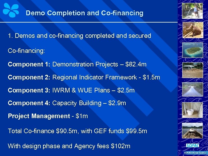 Demo Completion and Co-financing 1. Demos and co-financing completed and secured Co-financing: Component 1: