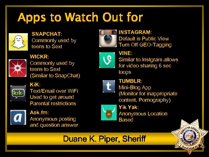 Apps to Watch Out for SNAPCHAT: Commonly used by teens to Sext WICKR: Commonly