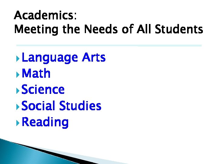 Academics: Meeting the Needs of All Students Language Math Science Social Arts Studies Reading