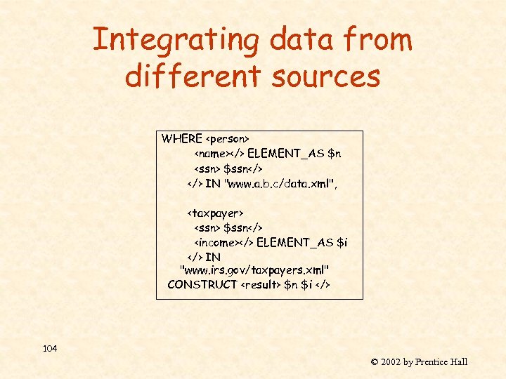 Integrating data from different sources WHERE <person> <name></> ELEMENT_AS $n <ssn> $ssn</> IN "www.