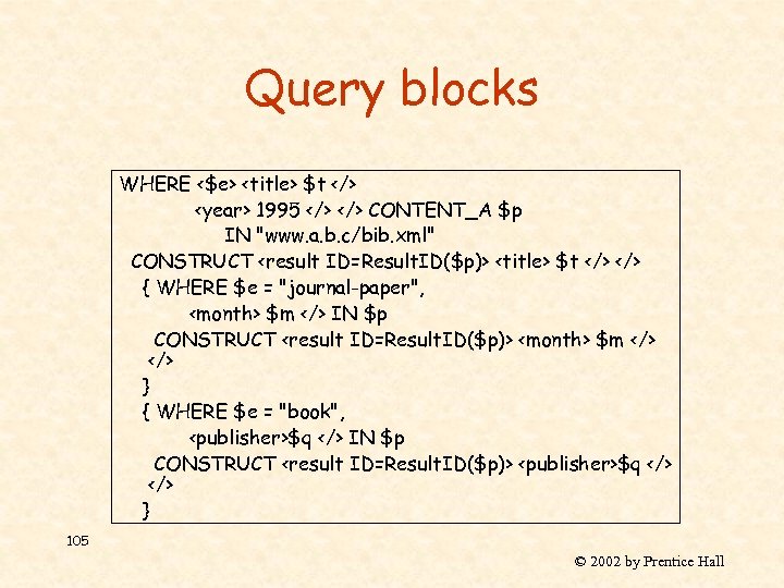 Query blocks WHERE <$e> <title> $t </> <year> 1995 </> CONTENT_A $p IN "www.