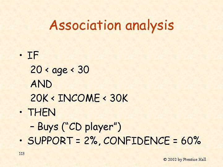 Association analysis • IF 20 < age < 30 AND 20 K < INCOME