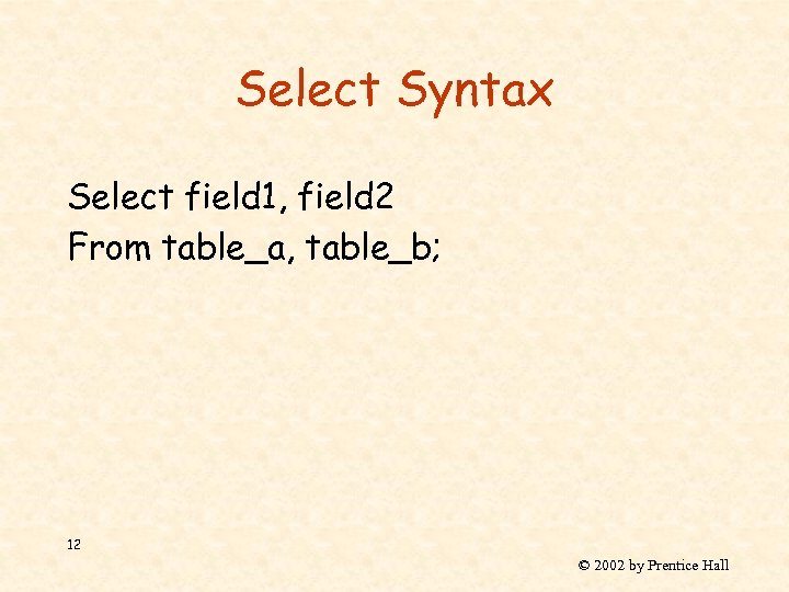 Select Syntax Select field 1, field 2 From table_a, table_b; 12 © 2002 by