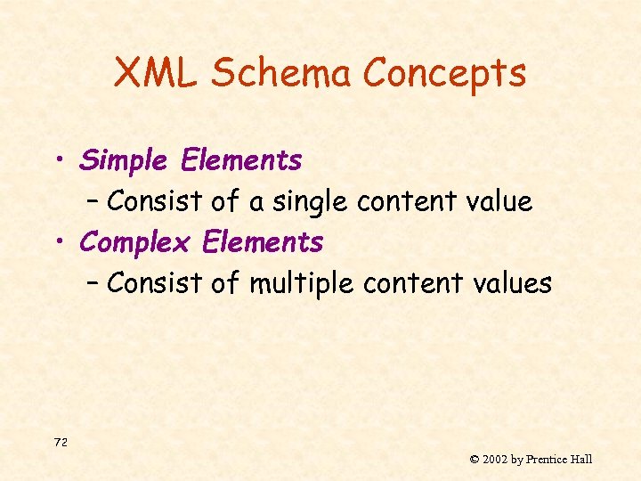 XML Schema Concepts • Simple Elements – Consist of a single content value •