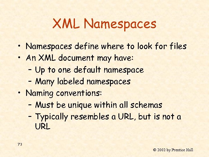 XML Namespaces • Namespaces define where to look for files • An XML document