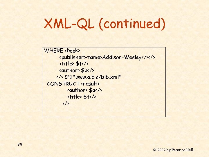 XML-QL (continued) WHERE <book> <publisher><name>Addison-Wesley</></> <title> $t</> <author> $a</> IN "www. a. b. c/bib.