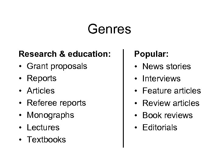 Genres Research & education: • Grant proposals • Reports • Articles • Referee reports