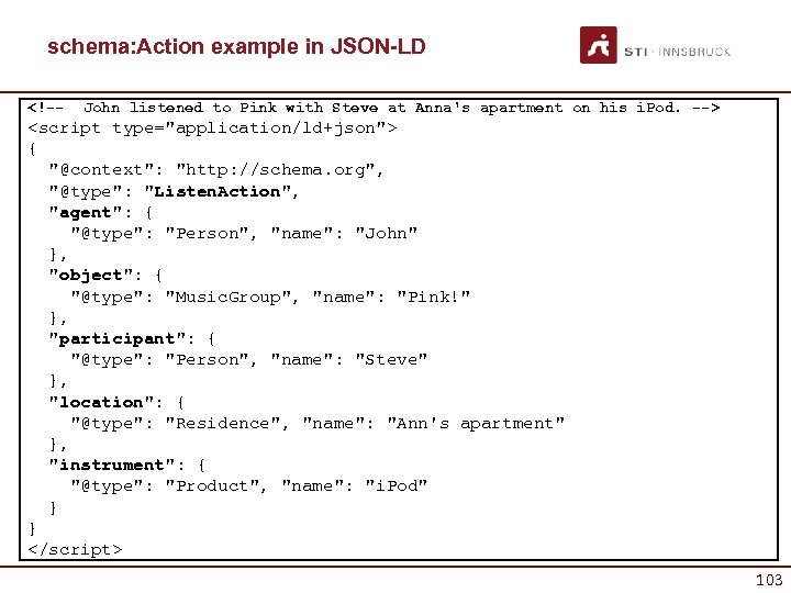 schema: Action example in JSON-LD <!-- John listened to Pink with Steve at Anna's