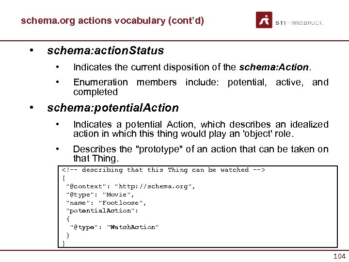 schema. org actions vocabulary (cont’d) • schema: action. Status • • • Indicates the