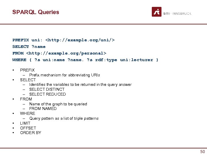 SPARQL Queries PREFIX uni: <http: //example. org/uni/> SELECT ? name FROM <http: //example. org/personal>