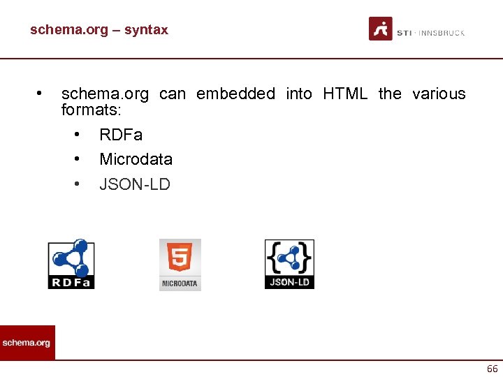 schema. org – syntax • schema. org can embedded into HTML the various formats: