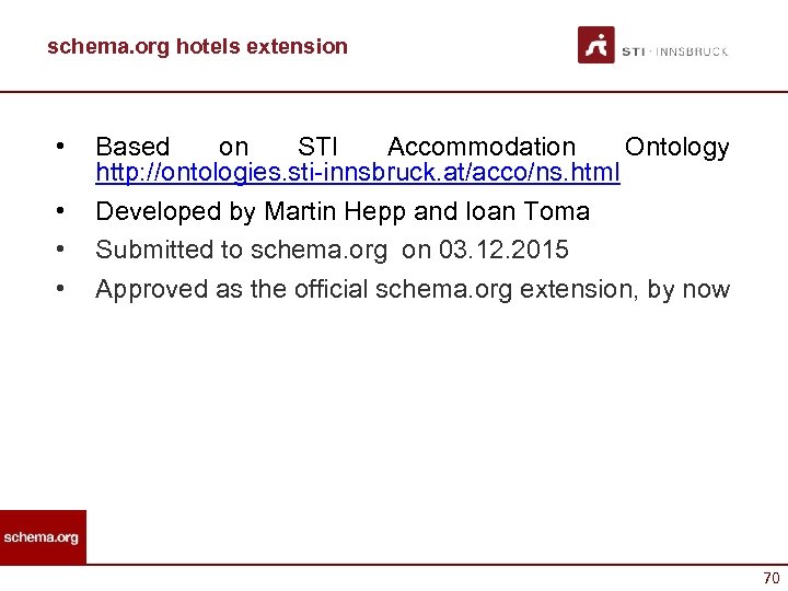 schema. org hotels extension • • Based on STI Accommodation Ontology http: //ontologies. sti-innsbruck.