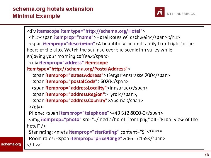 schema. org hotels extension Minimal Example <div itemscope itemtype="http: //schema. org/Hotel"> <h 1><span itemprop="name">Hotel