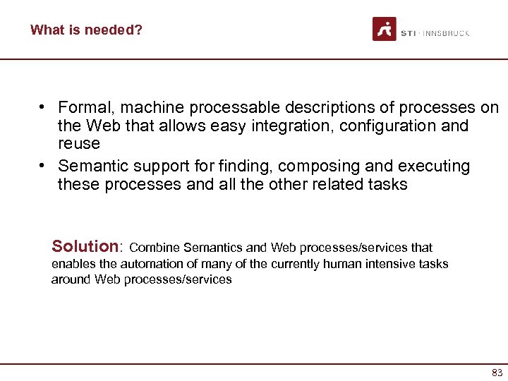 What is needed? • Formal, machine processable descriptions of processes on the Web that