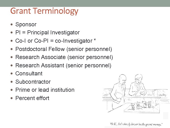 Grant Terminology Sponsor PI = Principal Investigator Co-I or Co-PI = co-Investigator * Postdoctoral