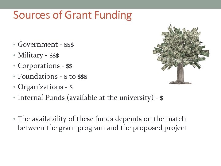 Sources of Grant Funding • Government - $$$ • Military - $$$ • Corporations