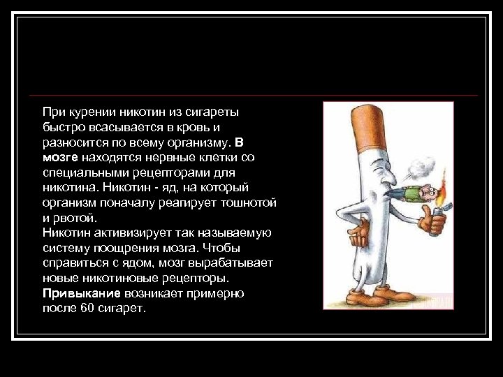 При курении никотин из сигареты быстро всасывается в кровь и разносится по всему организму.