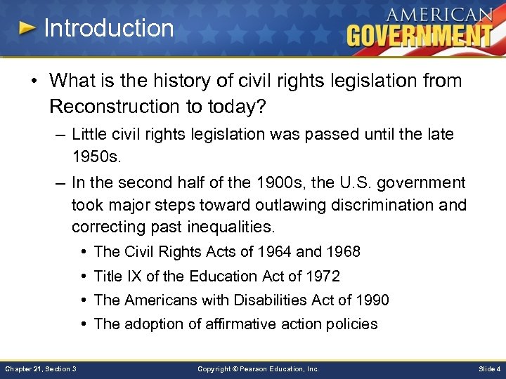 Introduction • What is the history of civil rights legislation from Reconstruction to today?